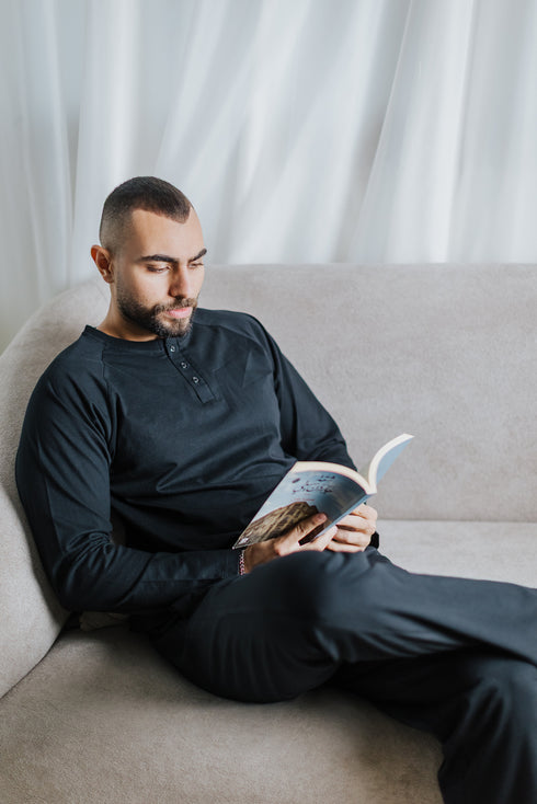 Men Fall Pajama Set Black Buttoned Sweatshirt + Pants